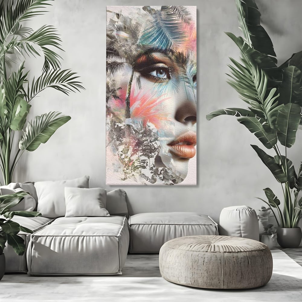 Tablou canvas cu tablou canvas cu portret feminin si palmieri, fara rama, pe sasiu de lemn, pe perete intr-un living